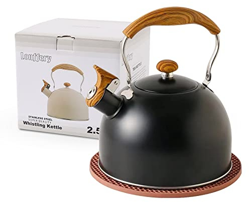 LONFFERY Tea Kettle for Stove Top, 2.5 Quart Whistling Tea Kettle, with Food Grade Stainless Steel and Wood Pattern Folding Handle, Black
