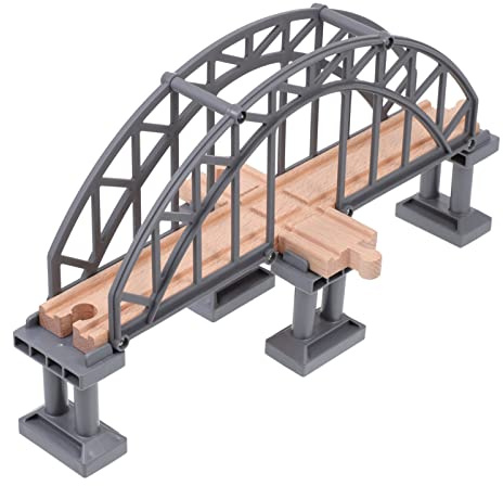 Pont De Voie Ferrée en Bois Jouet Accessoire De Train Gris - Jouet Éducatif pour Enfants avec Connexion Facile À d'autres Pistes, Taille 12,38X6,68X5,11In