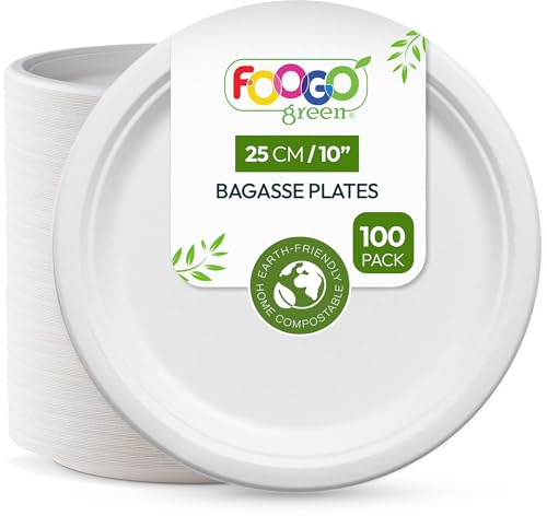 FOOGO Grön 100 engångstallrikar, sockerrörssäck, 25 cm (10 tum), stora runda robusta pappersplattor, miljövänliga, biologiskt nedbrytbara, komposterbara tallrikar för varm mat, picknickfest,