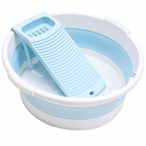 Fold Washboard Basin for Hand Washing Clothes,Non-Slip Washtub with Integrated Washboard for Hand Wash Laundry Household (Blue)