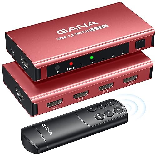 HDMI Switch 5 in 1 Out 4K@60Hz, GANA HDMI Splitter Switcher with Remote, Aluminum HDMI 2.0 Switch Box Hub for 3D, HDCP2.2, HDR, Compatible with Xbox, PS5/4/3,Fire Stick,Roku,Blu-Ray Player, Red