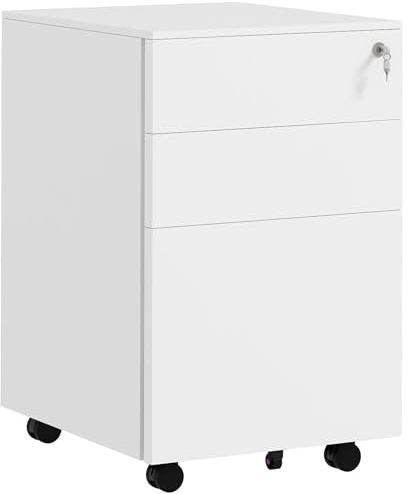 Vinsetto 3-Drawer Vertical Filing Cabinet with Pencil Tray, Lock and 5 Wheels, Steel Mobile File Cabinet, for A4, Legal and Letter Size, Pre-Assembled Body, White