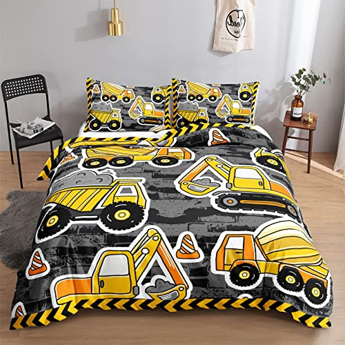 HOSIMA Bettbezug-Set für Jungen und Kinder, Baufahrzeuge, Cartoon-Ausrüstung, Lastwagen, Bagger, Druck, Bettbezug mit 2 Kissenbezügen (Baufahrzeuge3 S)