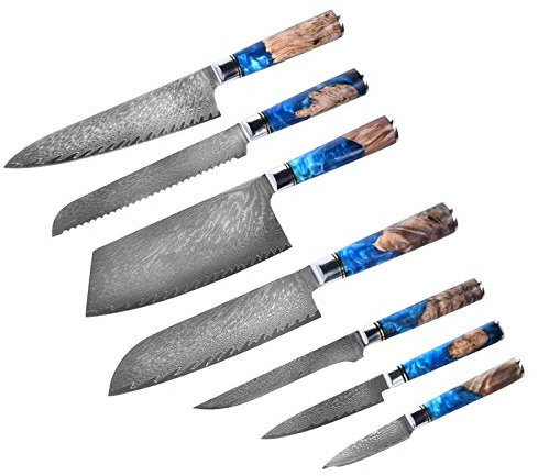 ECLAYA Cuchillos de cocina-Set Damasco Steel 67 capas VG10 CHEF CHEF CUCHILLO AZUL RESOLA Y COLOR HANDER HANGE COCCIÓN (Color : 7 piece set)
