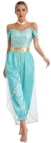 CHICTRY Bauchtanz Kostüm Damen Orientalische Tanzkleidung Pailletten Overall Ärmellos Jumpsuit Fasching Karneval Mottoparty Cosplay Outfit Türkis 4XL