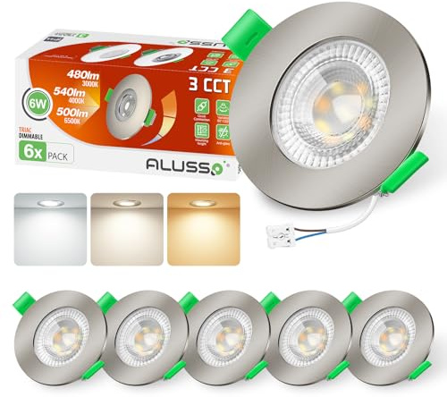 ALUSSO 3CCT LED Einbaustrahler 230V Dimmbar 6W IP44, Loch 68-75MM, 6er Set | Nickel Gebürstet Spots Deckenleuchte 3000K 4000K 6500K, Deckenspots mit Abnehmbar Modul Einbauspots LED für Badezimmer Küche