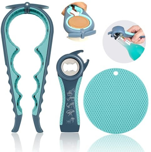 Owyee Abrebotellas para personas mayores, abrebotellas de goma para manos débiles 5 en 1 (azul)