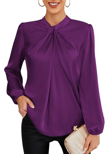 GRACE KARIN Dam elegant långärmad enfärgad blus med knappar V-ringning ledig kontor, Lila, XXL