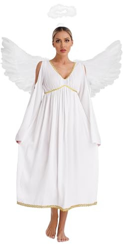 inhzoy Damen Engel Kostüm Weißes Engel Kleid Flügel Himmlisches Engelchen Cosplay Kleid Und Federflügel Frauen Halloween Fasching Kostüm Party Outfit Elfenbein XL