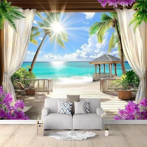 Fotomurales 3D Naturaleza Vista Al Mar Terraza, 350x256 cm Papel Pintado Fotográfico, Decoración De la Pared Murales para Salón, Dormitorio, Habitación para Niños, Pared de TV