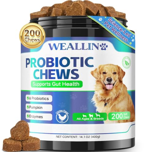 WEALLIN Probiotics for Dogs, Prebiotics & Enzymes, 200 Soft Chews | Supports gut health, nutrient absorption, skin and coat with probiotics, prebiotics and enzymes. Chicken flavour