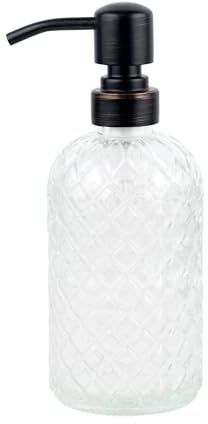 SDlumeiy 16 oz Clear Glass Soap Dispenser with Stainless Steel Vintage Brushed Bronze Pump Head, Refillable Diamond Pattern Hand Dish Soap Dispenser