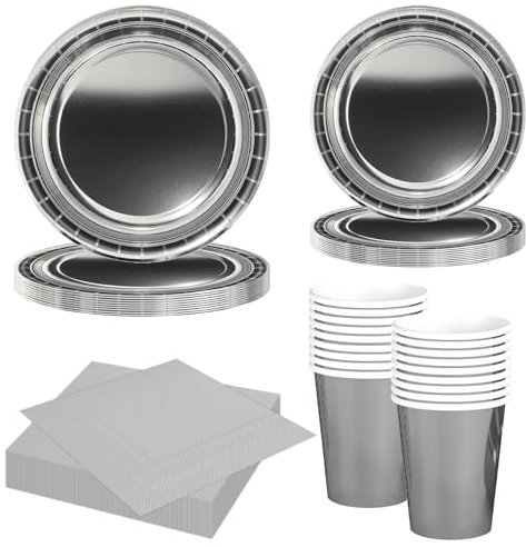 MORAINJAY Ensemble de Vaisselle de Fête Argent 68 Pièces, Assiettes en Papier, Tasses, Serviettes, Vaisselle pour Anniversaire, Mariage, Baby Shower, Diplôme, Anniversaire, Fête de Vacances