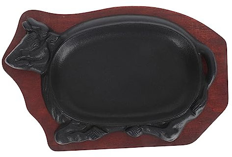 SHOWERORO Piatto da Bistecca Vassoio in Legno 21x14 Cm in Ghisa Liscia, Padella per Grigliare Bistecche e Pesce alla Griglia, per Riunioni Familiari e Cene tra Amici