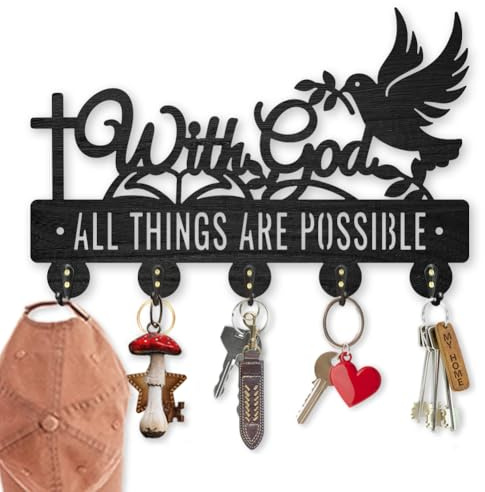 MAYJOYDIY Christian Wooden Key Holder for Wall, Cross & Dove of Peace Wall Mounted Coat Rack with 5 Hooks, Inspirational Text Art Key Hook for Hallway, Kitchen, Bedroom Home Decor (30×20cm)