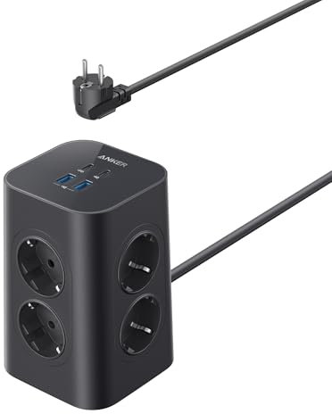 Anker Mehrfachsteckdose, 8-fache Steckdosenleiste, Steckerleiste mit 4 USB, 20W USB C Schnellladen, Mehrfachsteckdose mit Schalter, 2m Kabel Steckdosenturm für Büro, Zuhause, Gaming