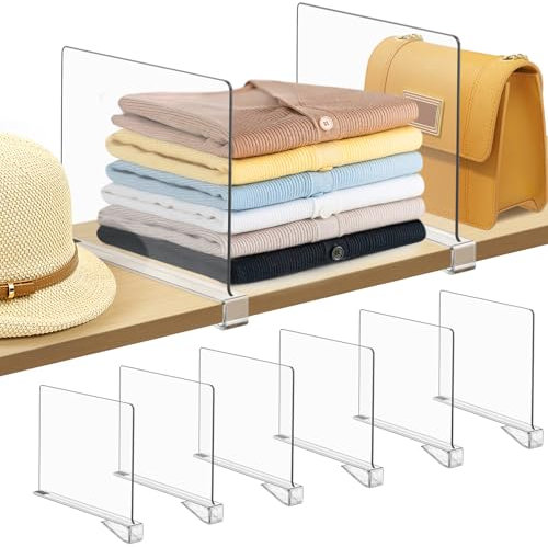 6 Pcs Closet Organizers and Storage for Clothes, Clear Acrylic Shelf Dividers with Anti-Slip Pads for Wooden Closet Shelves, Suitable for Bedroom Clothing Storage, Bookshelf, Kitchen, Office