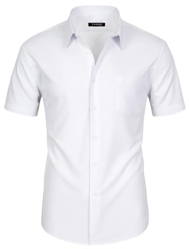 FAHIZO Camisa de hombre de corte regular, camisa de manga corta de color liso con bolsillo en el pecho, camisa informal y formal con botones para oficina, Blanco, XL
