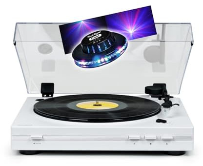 Tourne Disque Platine Vinyle TT355 Blanche 33/45 Tours, Lecture/Retour du Bras Auto. Jeu de Lumière OVNI Couleurs LED