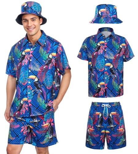 SERTAS Camisa hawaiana para hombre, 3 piezas, traje hawaiano para hombre con camisa de flamenco, pantalón corto, sombrero de pescador, atuendo de festival para hombre, juego de camisa de flamenco