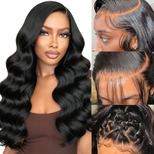 24 Zoll Echthaar Perücke 13x4 HD Lace Front Wig Human Hair Body Wave Human Hair Wig with Baby Hair 200% Dichte Natürliche Gewellte Echthaar Perücke Pre Plucked Perücke Damen Echthaar 60cm