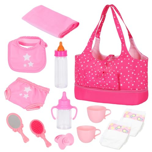 ZITA ELEMENT 13 Pcs Baby Diaper Bag & Accessories,Baby Doll Feeding Set Includes Diaper Bag,Doll Diapers,Bib,Cup,Bottle,Towel,Comb,Mirror,Pacifier,for Birthday Gift (No Doll)