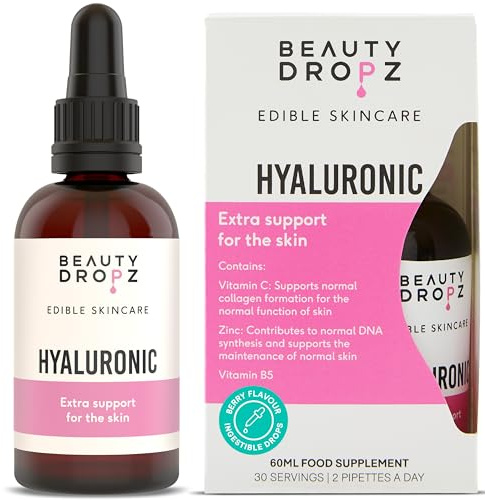 Beauty Dropz Hyaluronic Oral Skin Care Drops – Radiant Skin – Vitamin C – Plumping Support – Vitamin B5 / Vegan Liquid Supplement with Zinc & Glycerine – Berry Flavour – 60ml