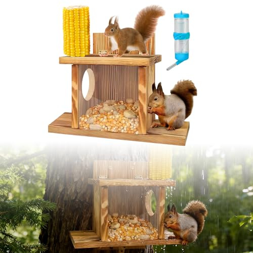 GOEDCH Mangeoire pour écureuils : mangeoire en bois avec distributeur d'eau verte, mangeoire pour écureuils de grande capacité, suspendue, avec 2 entrées pour jardin, balcon, terrasse, extérieur