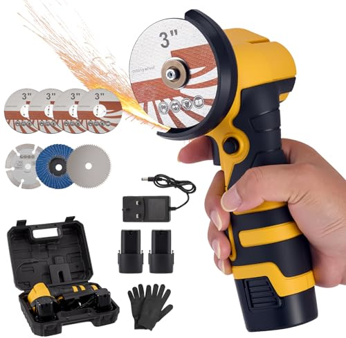 Mini Cordless Angle Grinder Battery Grinding Machine Tool with 2 Batteries,5 Cutting Discs, 1 Wooding Cutting Discs,1 Stone Cutting Discs,1 Flap Wheel, 19500RPM,1 Pair Gloves
