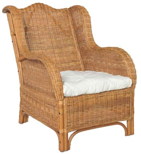 Qnhdfrt Natürliches Rattan Sessel mit Leinen Kissen Hellbraun und Cremeweiß Modernes Design für Wohnzimmer Entspannung Lesen und Fernsehen 86.5x66x89 cm