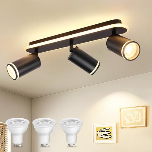 URing LED Deckenstrahler 3 Flammig GU10 Deckenlampe Wohnzimmer Schwarz Deckenleuchte Küche Modern Schwenkbar 350° Deckenspot Lampe 3000K Warmweiß mit 3x 5W GU10 LED
