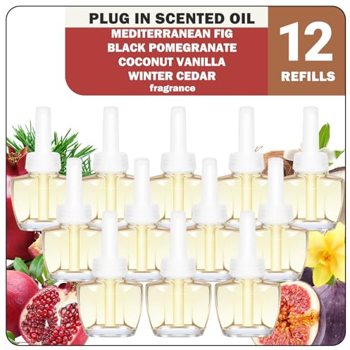 SCENTORINI Doftoljeflaska, påfyllning, kompatibel med Air Wick och Glade doftplugg, 12 x 19 ML, medelhavsfikon, svart granatäpple, kokosvanilj, vintercederrumsdoft, luftfräschare, rum doftolja