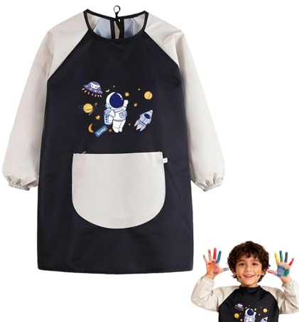 Malkittel Kinder 7-12 Jahre Mädchen Junge, Malkittel Schule 1. Klasse, Wasserdichte Malschürze Kinder mit Astronautenmuster, Malerkittel Kind mit Taschen für Schule Kunst Malerei Kochen (Cremefarben)