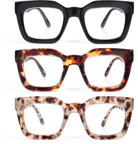 KoKoBin Confezione da 3 occhiali da lettura da donna con montatura spessa, occhiali alla moda con dalla luce blu e cerniera a molla (Nero, leopardata marrone, leopardata grigio, 2)
