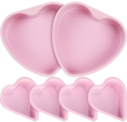 Nuogo 6 Pcs Heart Shaped Nonstick Cake Pans 8 Inch 4 Inch Pink Baking Pans Set Carbon Steel Cake Baking Mold for Valentine Bake DIY Weddings Party Favor Dishwasher Safe