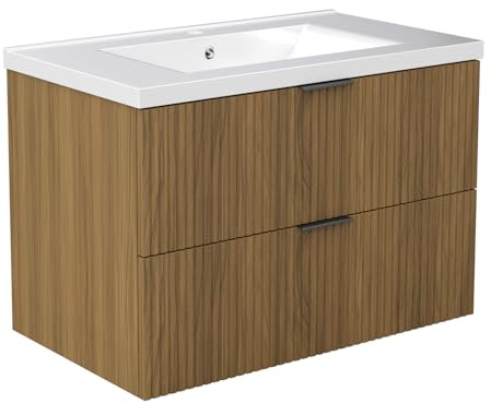 AICA Ensemble Meuble Salle de Bain 80cm avec Simple Vasque céramique - 2 tiroirs Meuble Effet Noyer