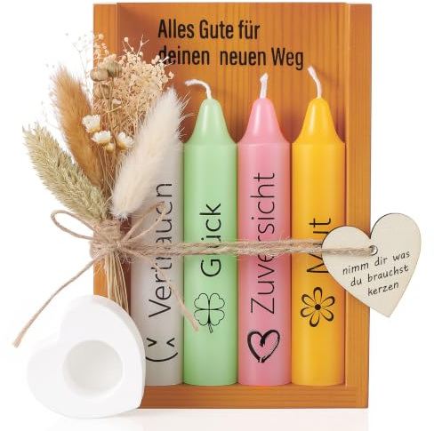 Tenare Set de Velas de Regalo de Nuevo Trabajo con Portavelas de Alles Gute für Deinen Neuen WEG Caja de Madera Candelabro Flores Secas Regalo para Colegas Mamá Novia Hermana Familia Cumpleaños