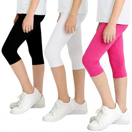 JinBei Leggings Niña Mallas 3/4 Pantalones Algodón Pack de 3, 6-13 años | Capri Pantalón Infantiles, Transpirable, Cintura Elástica, Sólido Color, para Escuela, Ciclismo, Danza, Deportivos, Verano