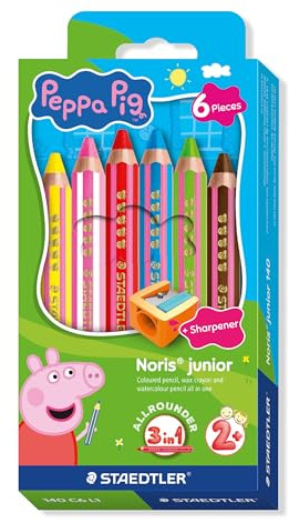 STAEDTLER Noris junior Buntstifte Peppa Wutz 6er Set - 3 in 1 Wachsmal-Aquarellstifte für vielseitiges Malen - Extra weiche Farbminen für kräftige Farben - Kinderstifte aus nachhaltigem Holz