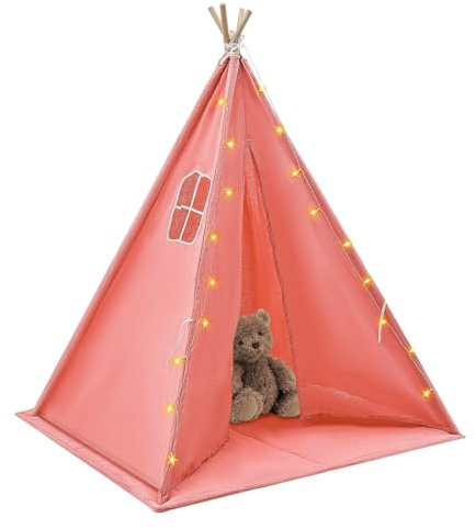 Yikmid Tenda per bambini, tenda con luce, tenda da gioco per interni ed esterni, con imbottita, pieghevole, con catena luminosa, traspirante, in cotone e canapa (rosso)