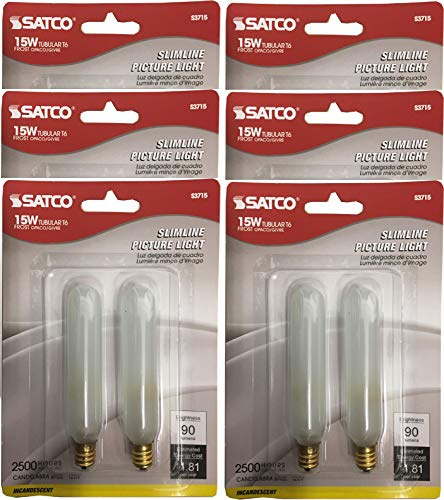 Satco S3715 Set of 6 Blister Packs Each with Two T6 Candelabra Tubular 15 Watt 120V Incandescent Dimmable Frosted Bulbs; Total of 12 Bulbs; C-5A Filament; E12 ANSI Base; 2700K Warm White