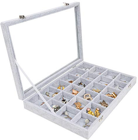 BELLE VOUS Schmuck Organizer Box - Schmuckkiste mit Deckel und 24 Samt Fächer - Schmuckkasten Damen für Ohrring Ring Aufbewahrung - Schmuckaufbewahrung Schublade stapelbar