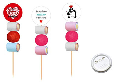 Lote de 15 Originales Brochetas de Golosinas Chapa Alfiler Te Quiero (Surtidas). Recuerdos San Valentín. Juguetes y Regalos para Fiestas de Cumpleaños, Bodas, Bautizos y Comuniones.DC