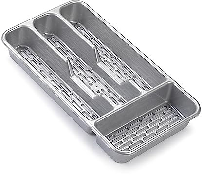 Small Tier Cutlery Tray Classic in Silver | BPA Free Plastic Drawer Organizer with 4 Compartments | Durable Kitchen Storage for Spoons Forks Knives Kids Cutlery | Space Saving Design