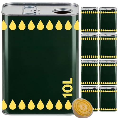 acquaverde | 8 Lattine per Olio di Oliva, Lattina Verde con Litografia Gocce Oro, in Metallo, Contenitore Alimentare, Latta da 10 Litri con Tappo Ermetico e Maniglia