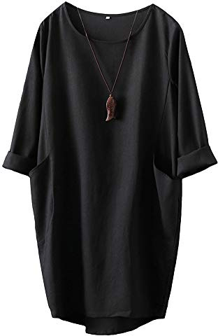 FTCayanz Donna Vestito Tunica T-Shirt Lino Abito Manica Lunga Mini Sciolto Abiti Elegante Nero XL