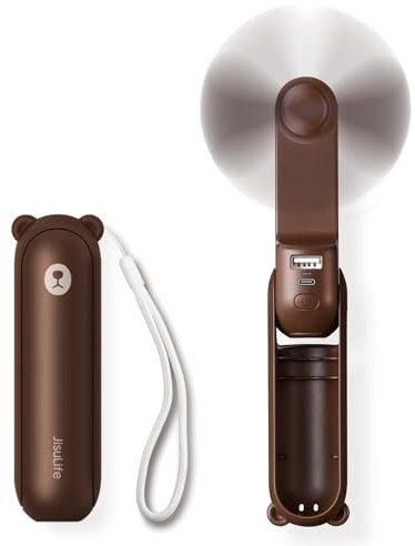 JISULIFE Mini Handventilator, 3-in-1 Handventilator, wiederaufladbarer USB [12–19 Betriebsstunden] mit Powerbank, Taschenlampe, tragbarer Ventilator für Reisen/Sommer, Geschenke für Frauen-Braun