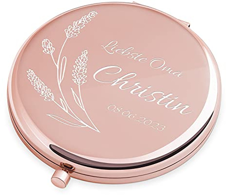 Maverton Klappspiegel mit Gravur - Rosegold - Schminkspiegel mit Vergrößerung - personalisierter Make up Kosmetikspiegel - Reisespiegel für Handtaschen - Geschenke für Frauen - Spiegel rund