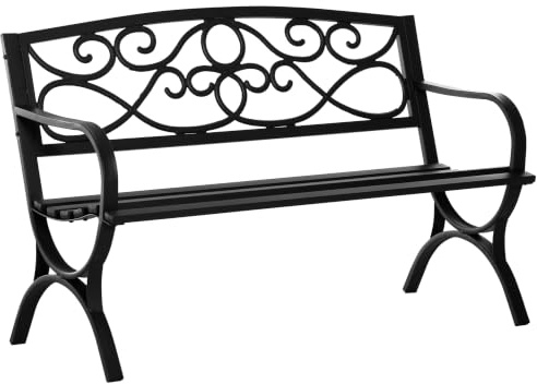 Outsunny Banc de Jardin 2 Places Dossier Incliné 128 x 58,5 x 85 cm Noir | Banquette Extérieur, Terrasse Patio, Assise à Lattes, Accoudoirs Confortables, Châssis Acier Fonte