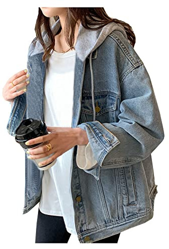 LifeShe Chaqueta de mezclilla para mujer con capucha oversize desgastada chaquetas de mezclilla con capucha, Azul/Patchwork, M